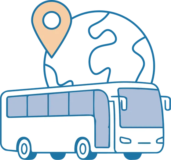 Illustration of a coach in front of a globe