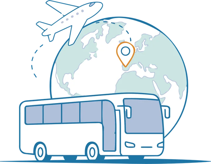 Illustration of a coach travelling in front of a globe